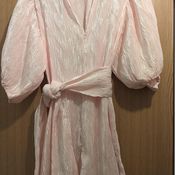 GANNI Pleated Satin Dress Belted Plissé-satin Mini Dress In Pastel Pink - Picture 7 of 8